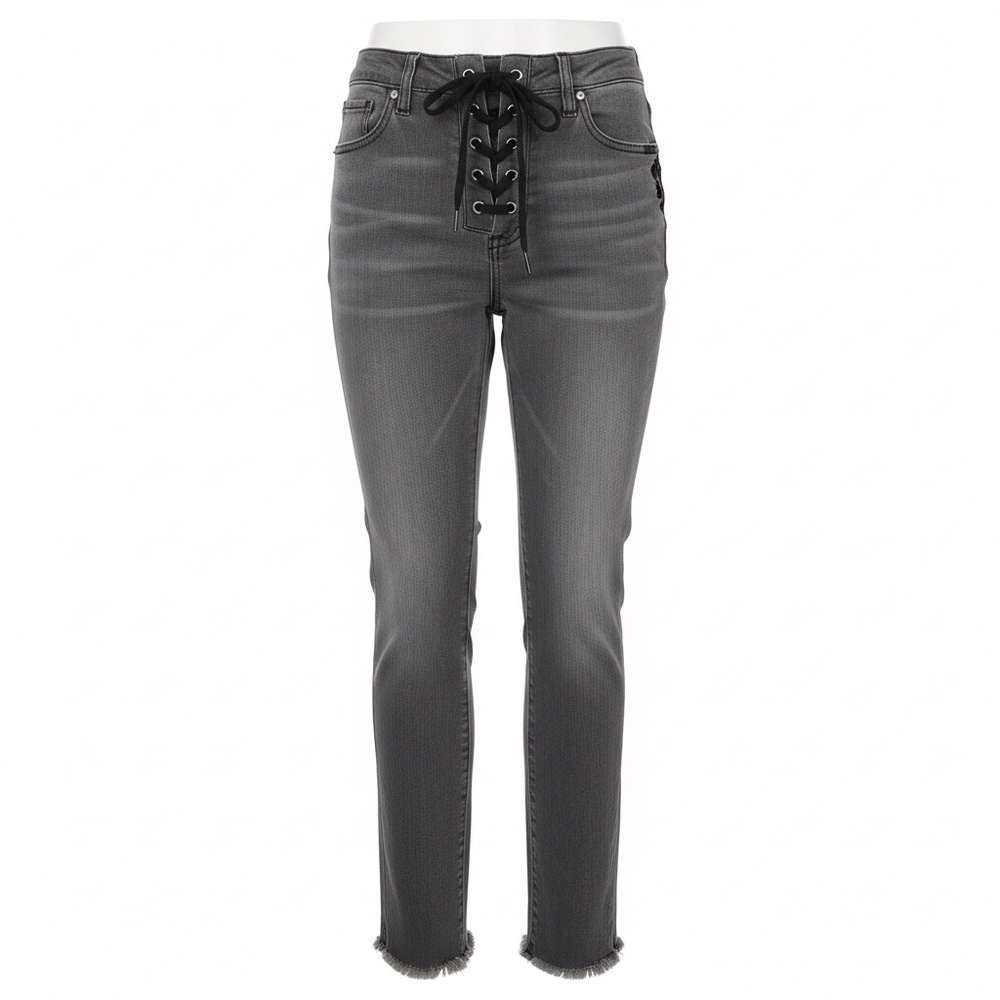 🔥 Project Runway Lace-Up Grey Jeans - Size 12 - Frayed Raw Hem Ankle Denim ✨